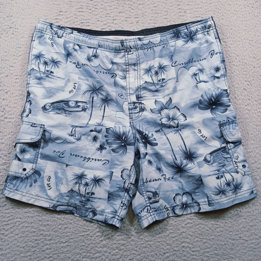 Caribbean Joe Mens L Blue Tropical Floral Island Life Board Swim‎ Shorts EUC